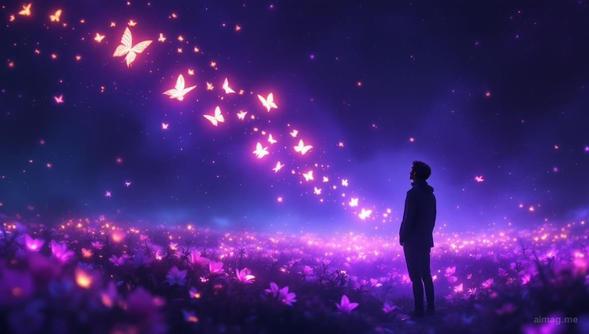 Pojedyncza róża gubiąca płatki do ciemnej wody, każdy płatek zamienia się w mały płomień, gdy dotyka tafli