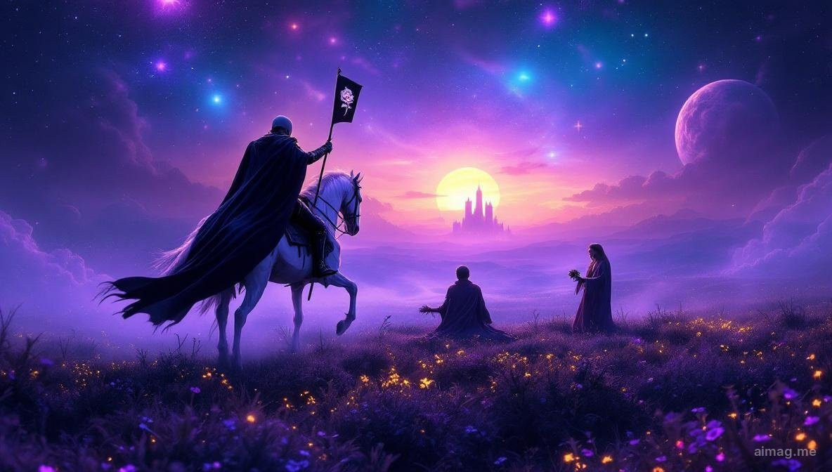 Karta tarota Śmierć — opancerzony szkielet jadący na białym koniu obok postaci różnego wieku, sztandar z białą różą, słońce wschodzące między wieżami