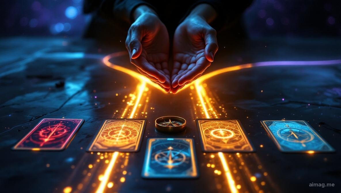 Tarot cards arranged at a crossroads pattern on a dark surface with diverging paths of soft light, suggesting the moment of choosing between directions