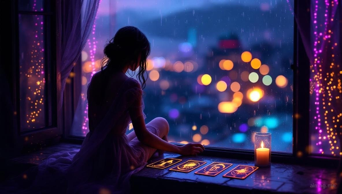 A woman sitting alone at a window at twilight, tarot cards spread on the sill before her, soft golden light catching the edges of the cards as she gazes out