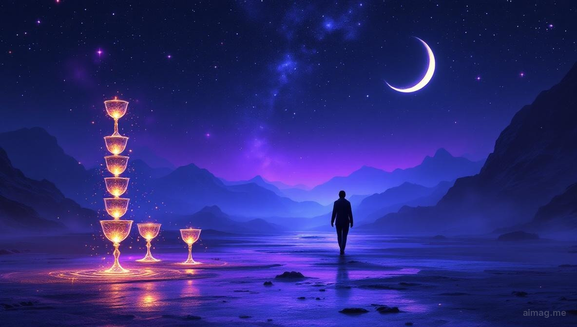 Samotna postać odchodząca od ośmiu starannie ułożonych kielichów na krawędzi skalistego brzegu, wspinająca się ku odległym górom pod sierpem księżyca i zaćmionym słońcem na zmierzchowym niebie