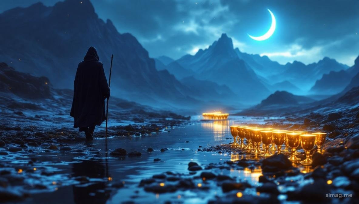 Eight of Cups tarot card — a cloaked figure walking away from eight neatly stacked cups toward distant mountains under a crescent moon