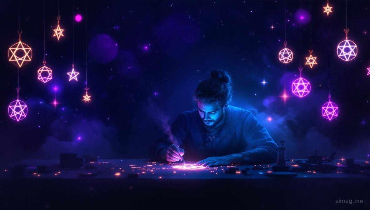 Rzemieślnik przy drewnianym warsztacie starannie grawerujący złoty denar, osiem gotowych monet wywieszonych na ścianie, ciepłe światło pracowni i narzędzia wokół