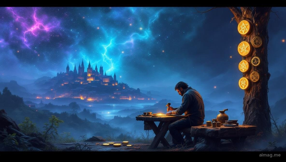 Eight of Pentacles tarot card — a focused craftsman at a wooden workbench carefully engraves a golden pentacle, six completed ones hanging on a post beside him