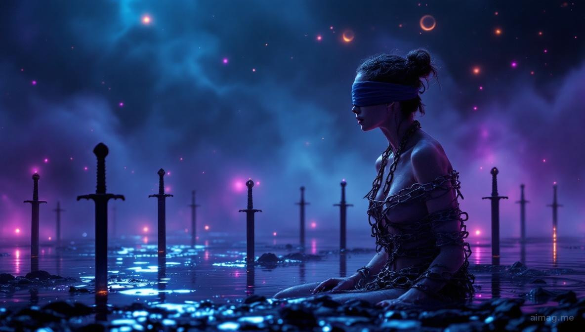 Zawiązana na oczy postać luźno związana wśród ośmiu stojących mieczy na mglistym brzegu, stopy niezakute w kajdany, łagodne światło przebijające mgłę