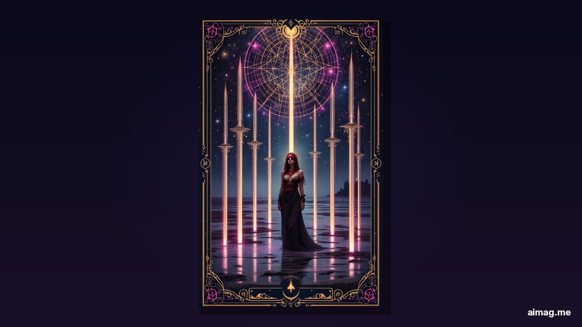 Eight of Swords tarot card — a blindfolded and loosely bound woman stands surrounded by eight upright swords on a muddy shore, a castle on distant cliffs, her feet not actually trapped