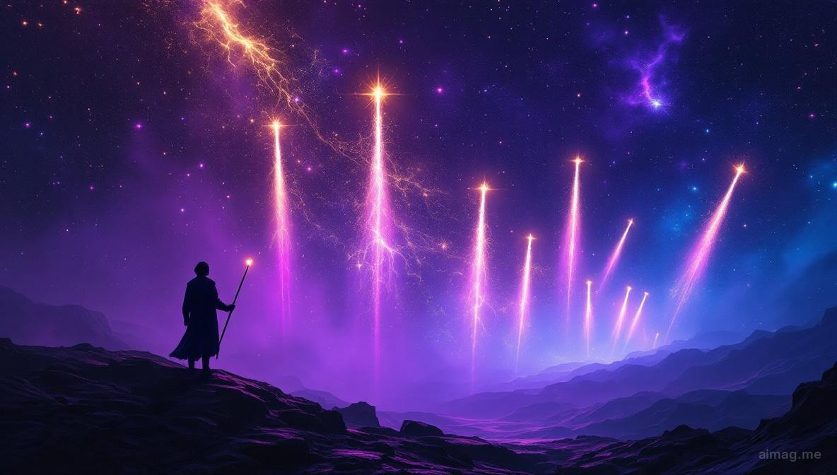 Osiem drewnianych bulaw lecacych przez czyste blekitne niebo z wielka predkoscia, ich trajektoria skierowana w dol ku zielonej dolinie rzecznej lsniacaej w popoludniowym swietle