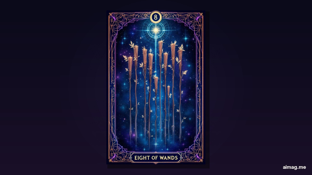 Karta Ósemki Różdżek — osiem drewnianych lasek leci ukośnie przez czyste niebieskie niebo nad zielonym krajobrazem z wijącą się rzeką