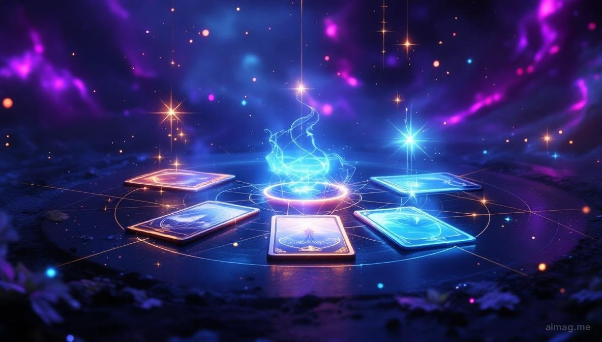 Four tarot cards arranged at compass points on a dark surface with subtle representations of fire, water, air, and earth surrounding each card, creating a sense of elemental balance