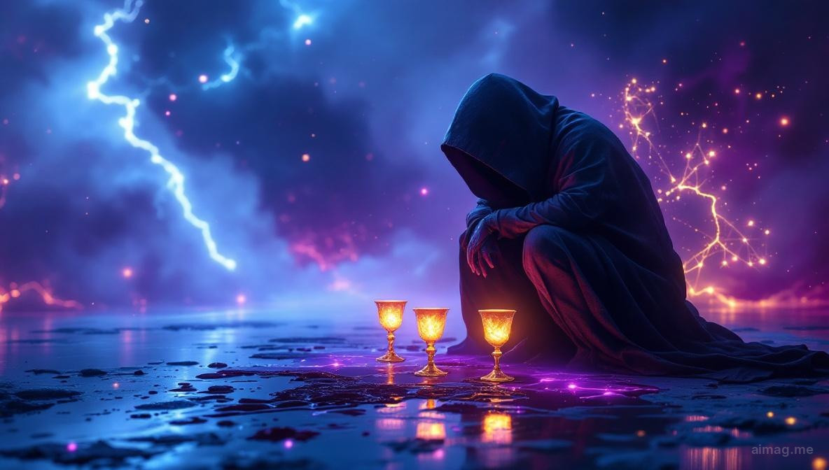 A cloaked figure standing before three spilled cups on dark ground, two upright cups remaining behind them unseen, a bridge crossing a quiet river in the misty distance