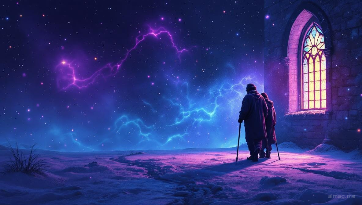 Dwie postacie idące przez padający śnieg obok ciepło oświetlonego witrażowego okna, ich sylwetki pochylone z zimna, złote światło, którego nie widzą, płonie za nimi