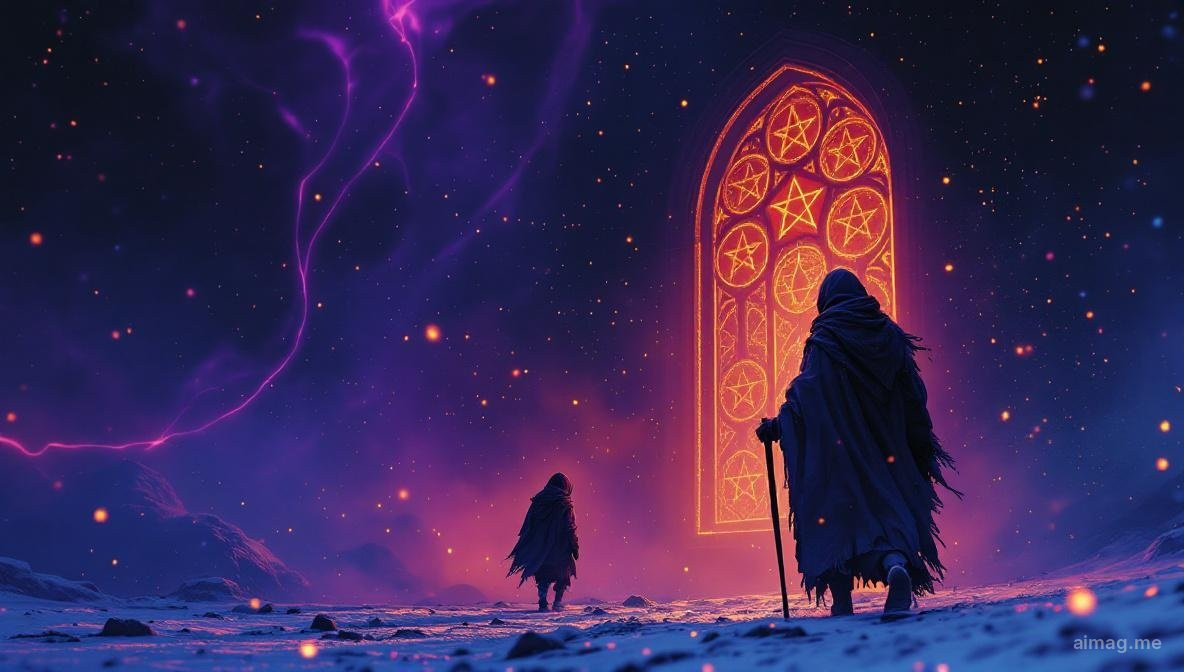 Five of Pentacles tarot card — two ragged figures trudge through snow past a brightly lit church window showing five golden pentacles in stained glass