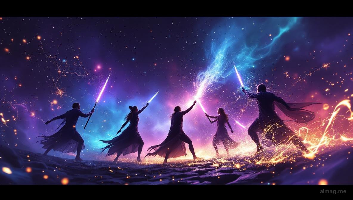 Five figures each wielding a wooden staff in animated struggle, their movements creating dynamic crossing patterns against a bright yellow sky