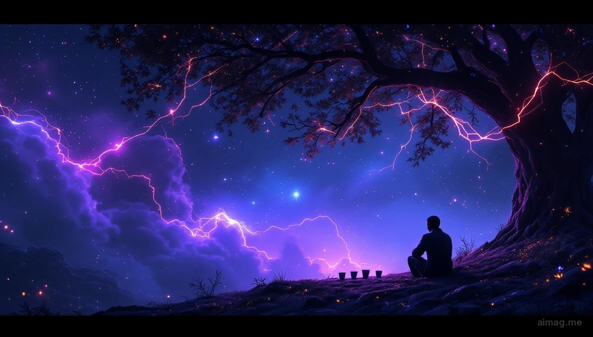 Samotna postać siedząca pod drzewem ze skrzyżowanymi ramionami, trzy kielichy ustawione przed nią na trawie, czwarty kielich unosząc się z pobliskiej chmury, niezauważony w miękkim szaro-niebieskim popołudniowym świetle