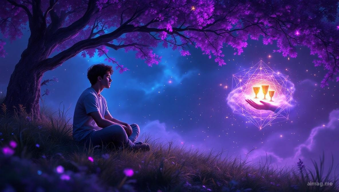 Four of Cups tarot card — a young man sitting cross-legged under a tree, arms folded, ignoring a cup offered by a hand from a cloud