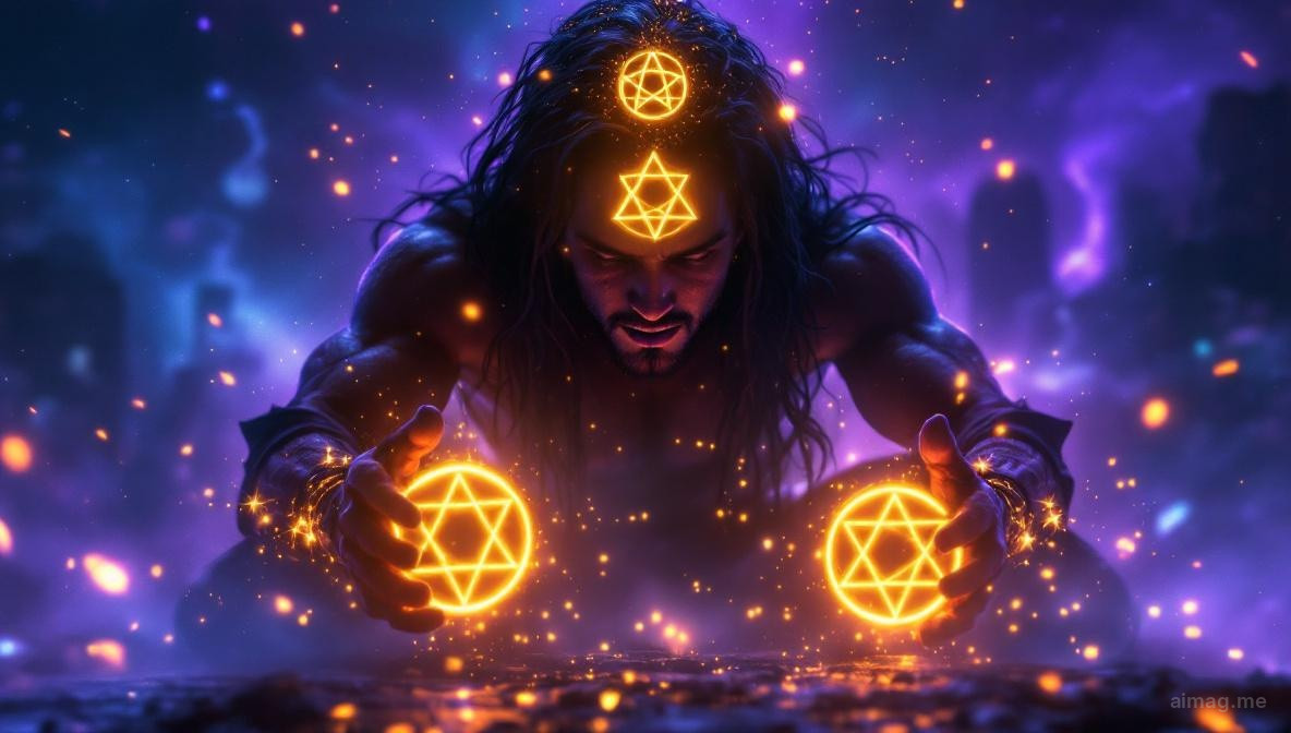 Siedząca postać przyciskająca cztery złote monety do piersi, za nią widoczne murowane miasto pod bladym, ochronnym niebem