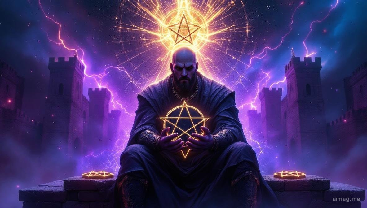 Four of Pentacles tarot card — a stern figure clutches a golden pentacle to his chest with one on his head and two under his feet, a walled city behind him