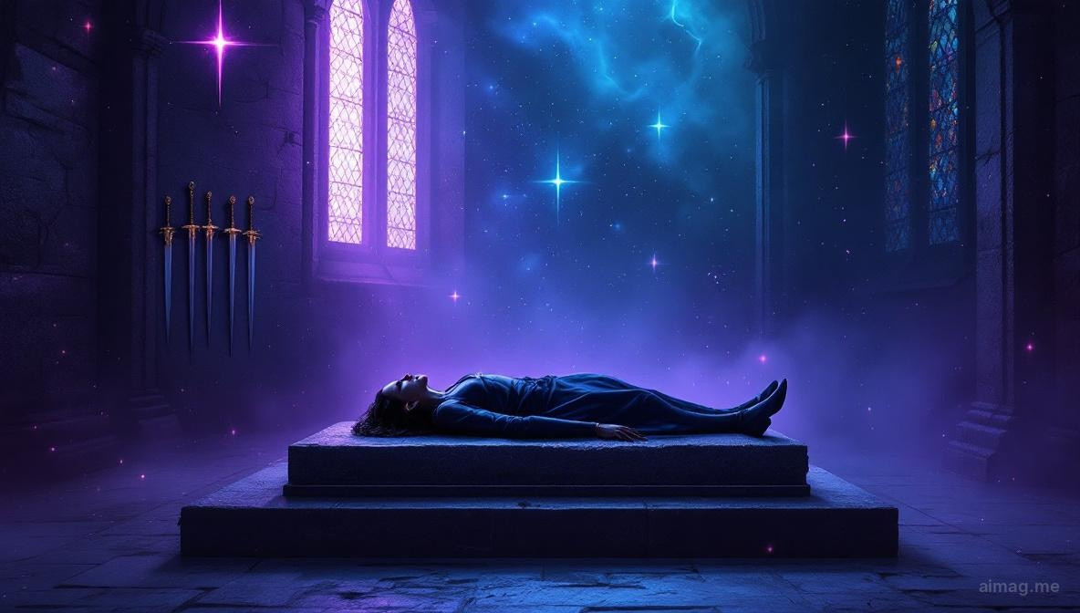 A stone effigy resting peacefully in a quiet chapel, golden light filtering through a stained glass window, three swords mounted on the wall above