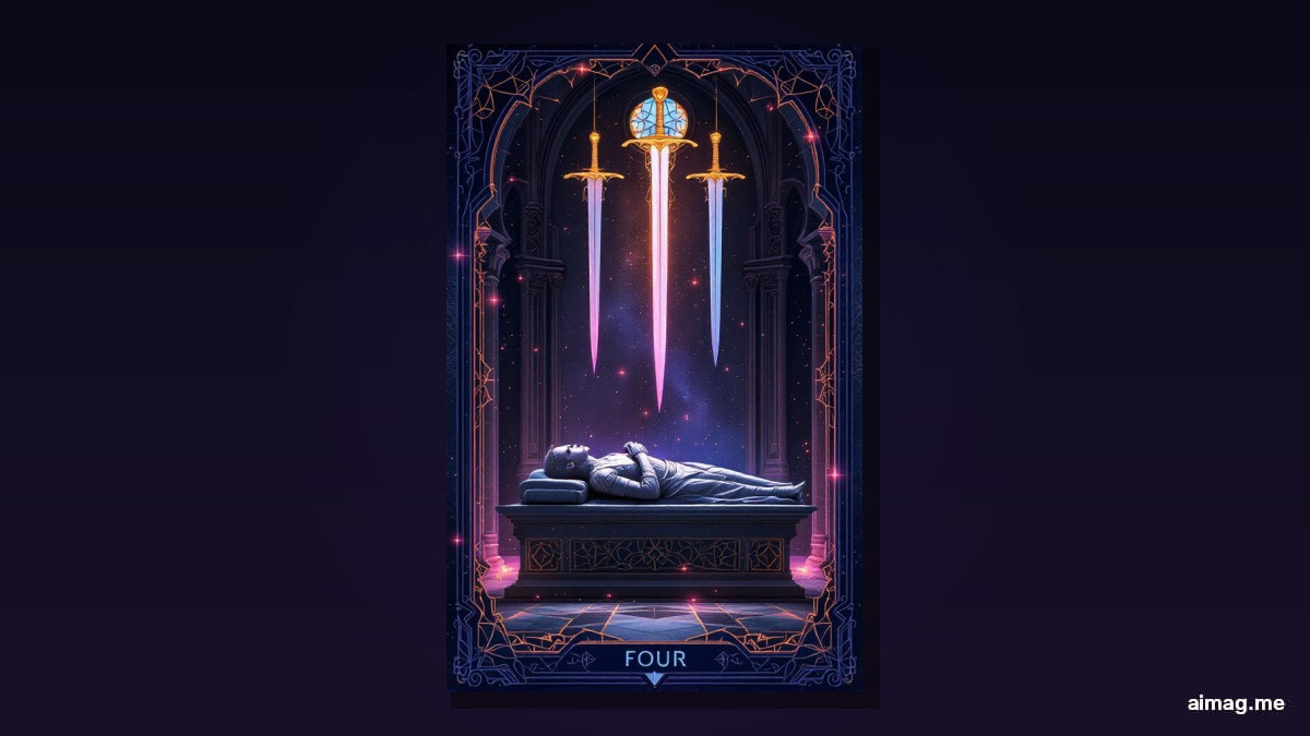 Four of Swords tarot card — a stone knight effigy lies in repose in a cathedral, three swords mounted on the wall and one beneath the figure, stained glass window glowing softly