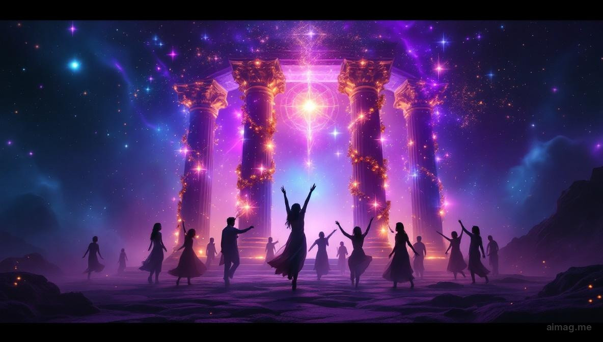 Four decorated wands forming a canopy adorned with flowers and garlands, warm golden light filling a courtyard where figures celebrate together