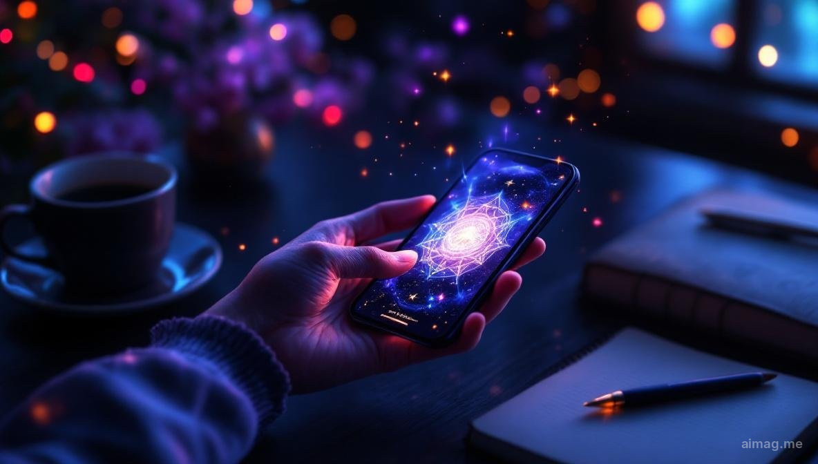 Hands hovering over a phone screen showing three face-down tarot cards ready to be tapped, warm amber glow, morning light through a window