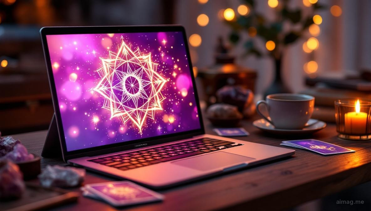 A person sitting at a desk with tarot cards spread before them and a glowing screen reflecting soft light, symbolizing thoughtful online tarot reading