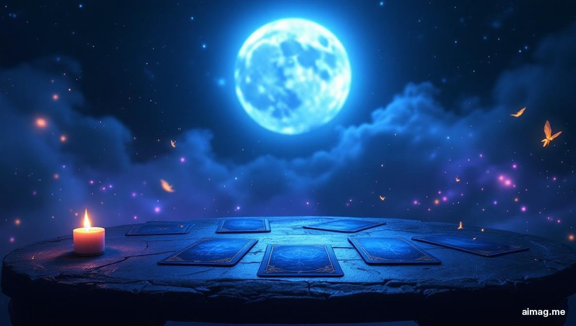 Tarot cards arranged in a crescent pattern on a dark surface illuminated by cool moonlight, with soft shadows suggesting lunar energy and nighttime ritual