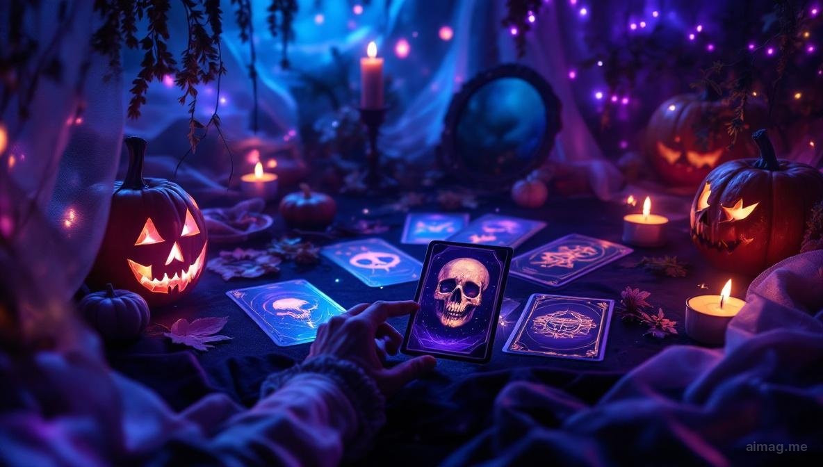 Tarot cards arranged on a dark surface surrounded by flickering candles and autumn leaves, mysterious but warm Halloween atmosphere