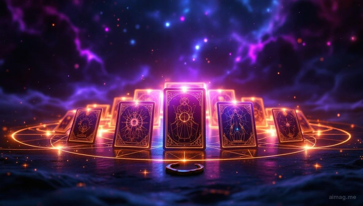 Seven tarot cards arranged in a horseshoe arc on a dark surface with warm amber light tracing the curved path between cards, suggesting a journey from past through present to future