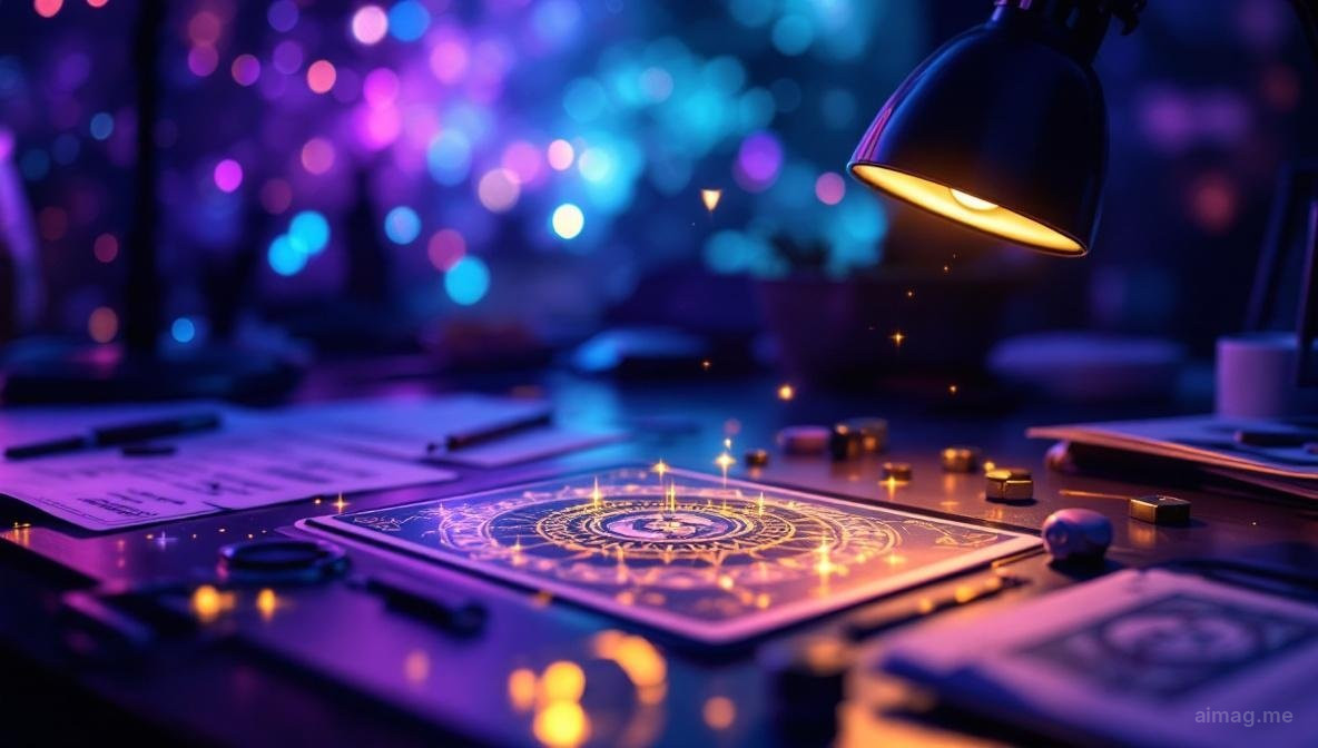 A tarot card placed on a laboratory desk alongside a magnifying glass and handwritten research notes, merging scientific inquiry with symbolic tradition