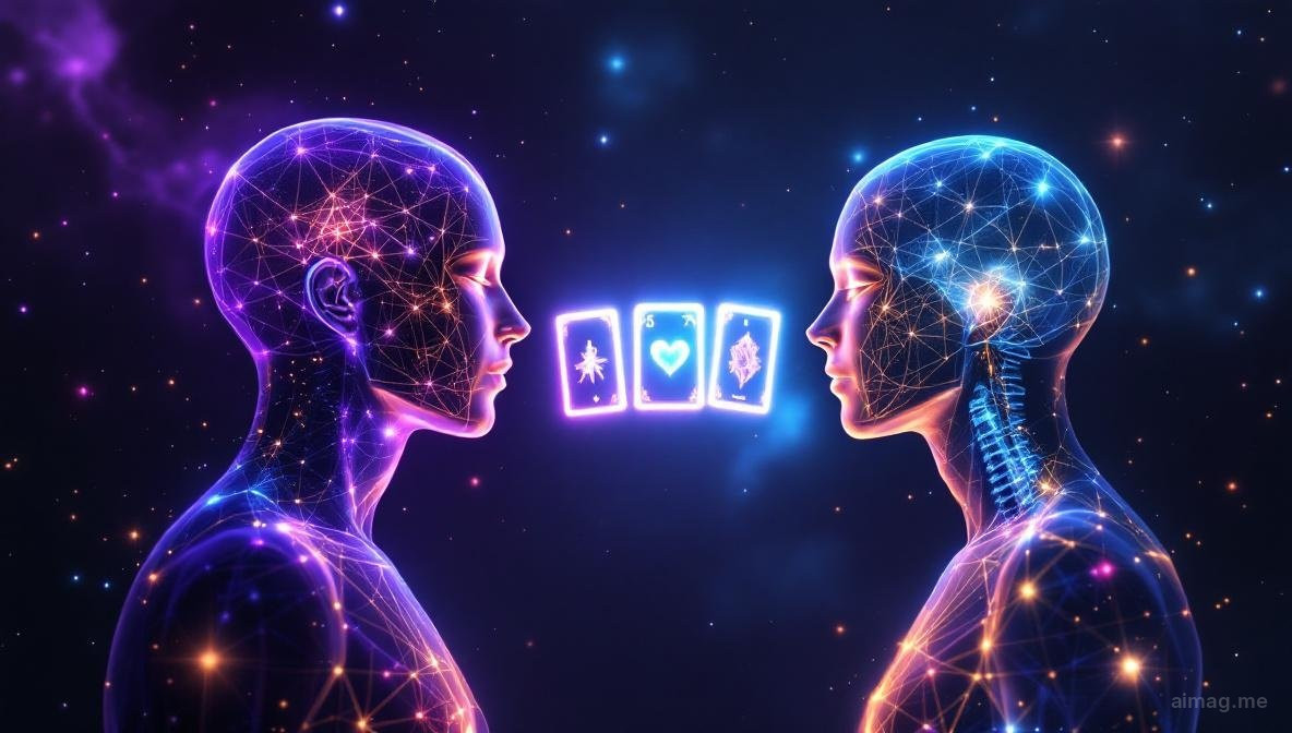 Five tarot cards arranged in a heart-shaped spread pattern against a dark surface with soft violet and gold light revealing emotional energy between the card positions