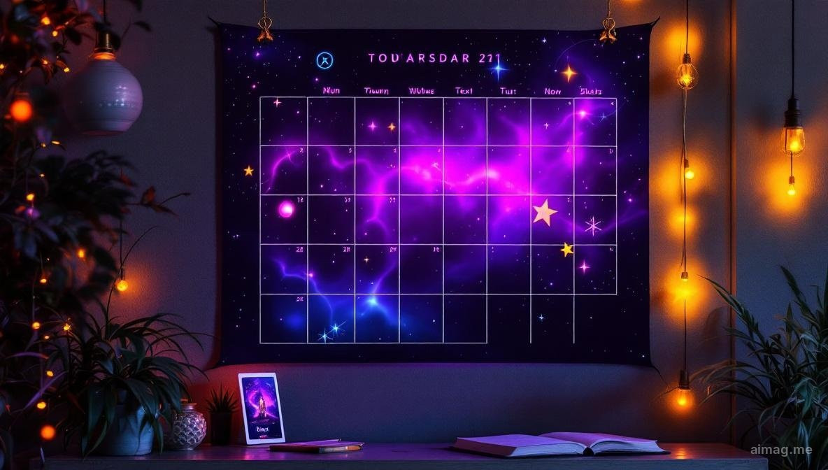 A calendar with tarot cards placed at different intervals — daily, weekly, monthly — suggesting intentional reading rhythms rather than compulsive checking
