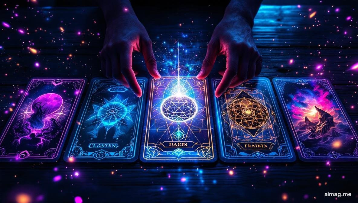 Several tarot decks fanned out on a wooden table showing different art styles from classic Rider-Waite-Smith to modern illustrated versions, warm natural light