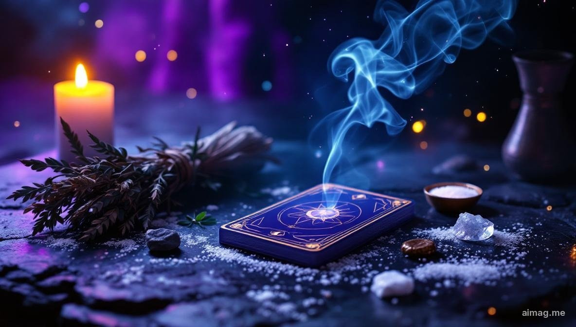 Talia tarota leżąca na ciemnej powierzchni otoczona kryształami kwarcu, małym pęczkiem suszonej szałwii i delikatnym światłem księżyca wpadającym przez okno