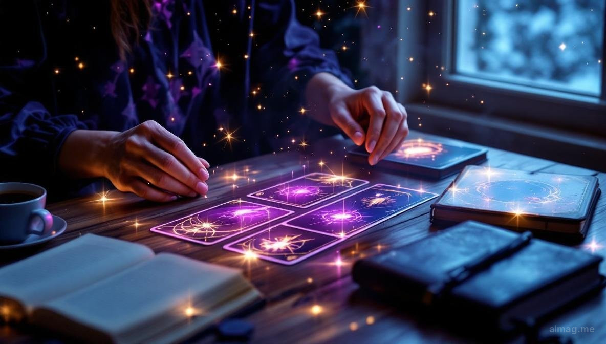 Hands gently holding tarot cards above a dark wooden table with a simple three-card spread laid out below, warm soft lighting creating an inviting atmosphere for learning