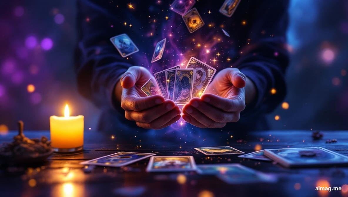 Hands in mid-motion shuffling a tarot deck over a dark wooden table with soft candlelight creating warm highlights on the card edges