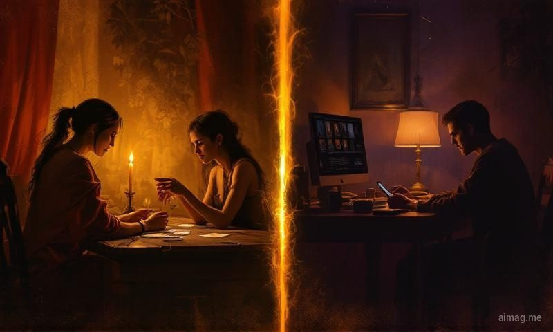 A comparison of two reading environments — one intimate and candlelit with a human reader, the other clean and private on a digital screen