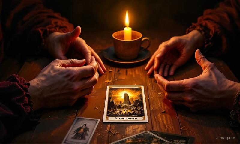 A human tarot reader mid-session, hands gesturing expressively over spread cards while the querent listens intently