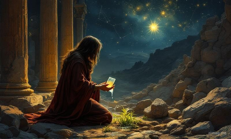 The Star card under a vast night sky — a solitary figure pours water while the Aquarius constellation glows above, suggesting vision born from vulnerability