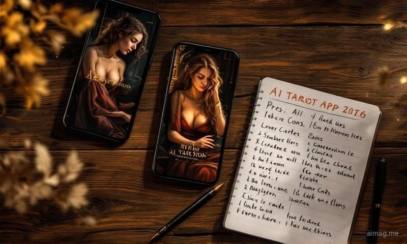 Three phones laid flat showing different AI tarot app aesthetics — gothic gold on black, minimal white, warm atmospheric amber — with handwritten comparison notes on a notepad beside them
