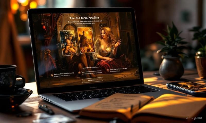 Multiple tarot reading websites displayed side by side on a monitor screen, each showing different card layouts and interface styles, with notes and a coffee cup beside the keyboard