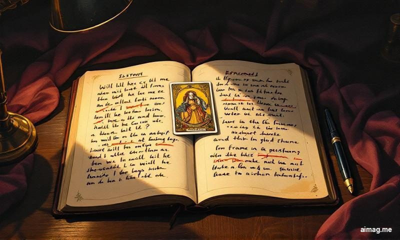 A hand writing a question in a journal next to a tarot card face-up on a wooden desk, natural light creating soft shadows