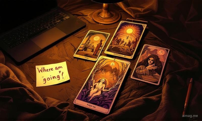 A set of tarot cards arranged in a deliberate pattern on a clean wooden desk beside a notebook with handwritten career questions, warm natural light suggesting morning reflection