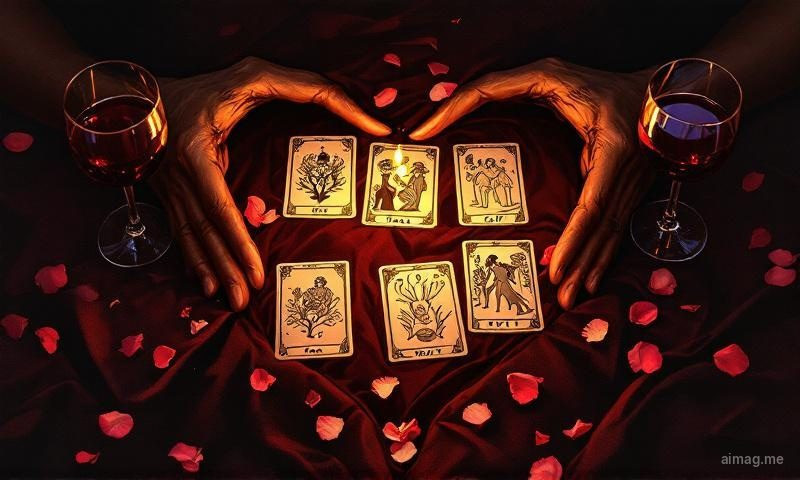 Five tarot cards laid out in a deliberate pattern on a warm wooden surface with soft light, suggesting an intentional approach to understanding love through structured reflection