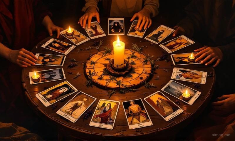 Twelve tarot cards arranged in a clock-like circle on a dark surface, each position marked with warm golden light, showing the full arc of a personal year