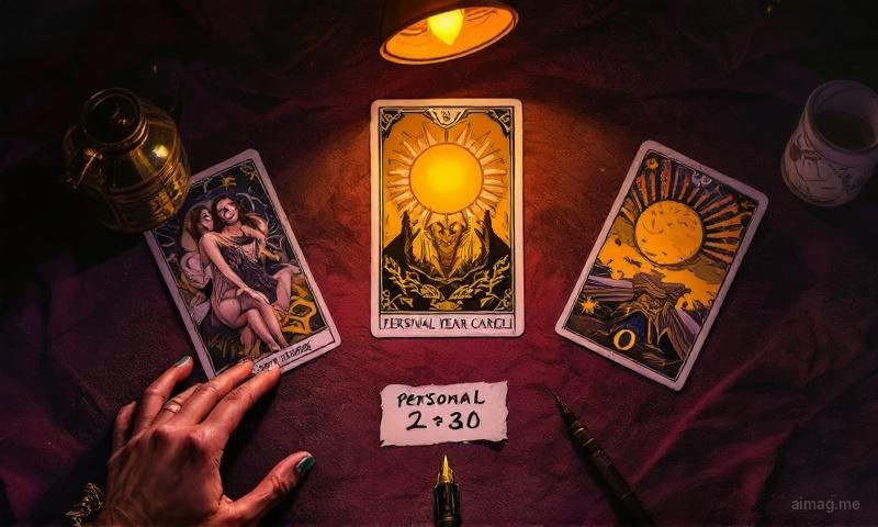 Three tarot cards arranged in a triangle with the top card illuminated and the two base cards in softer light, showing the relationship between calculated destiny and drawn guidance