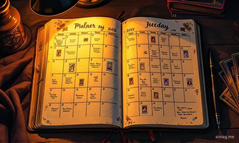 Otwarty dziennik z krótkimi codziennymi wpisami o tarocie, z datami i nazwami kart, pisany ręcznie