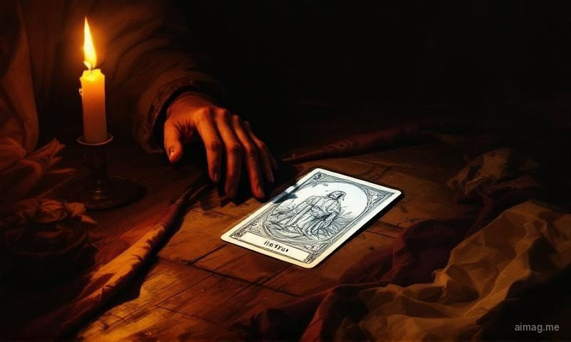 A split image showing a tarot card at the center, with warm candlelight on one side representing traditional reading and cool blue digital patterns on the other representing AI interpretation