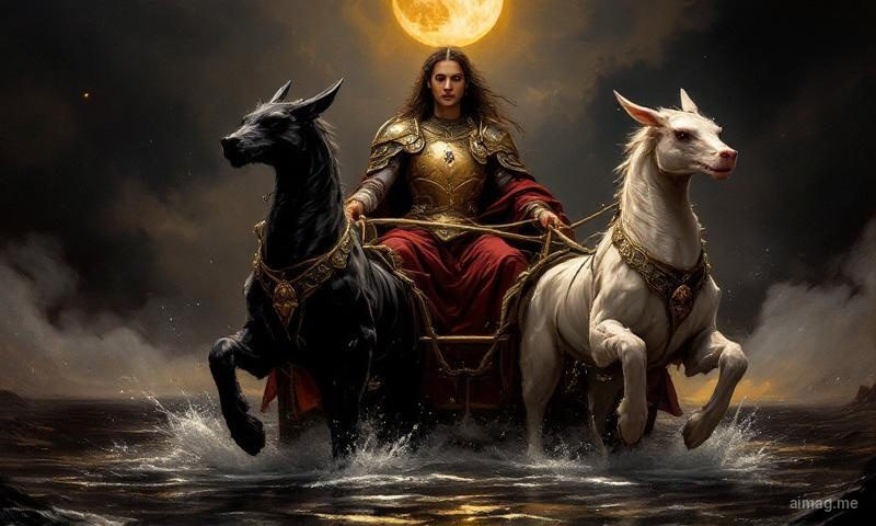 The Chariot tarot card with Cancer symbolism — a moonlit charioteer flanked by two sphinxes, water flowing beneath the wheels