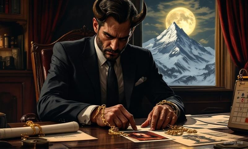 A solitary figure standing at a mountain summit at dusk, looking down at broken chains on the ground, Saturn visible in the winter sky — the Capricorn confrontation with The Devil